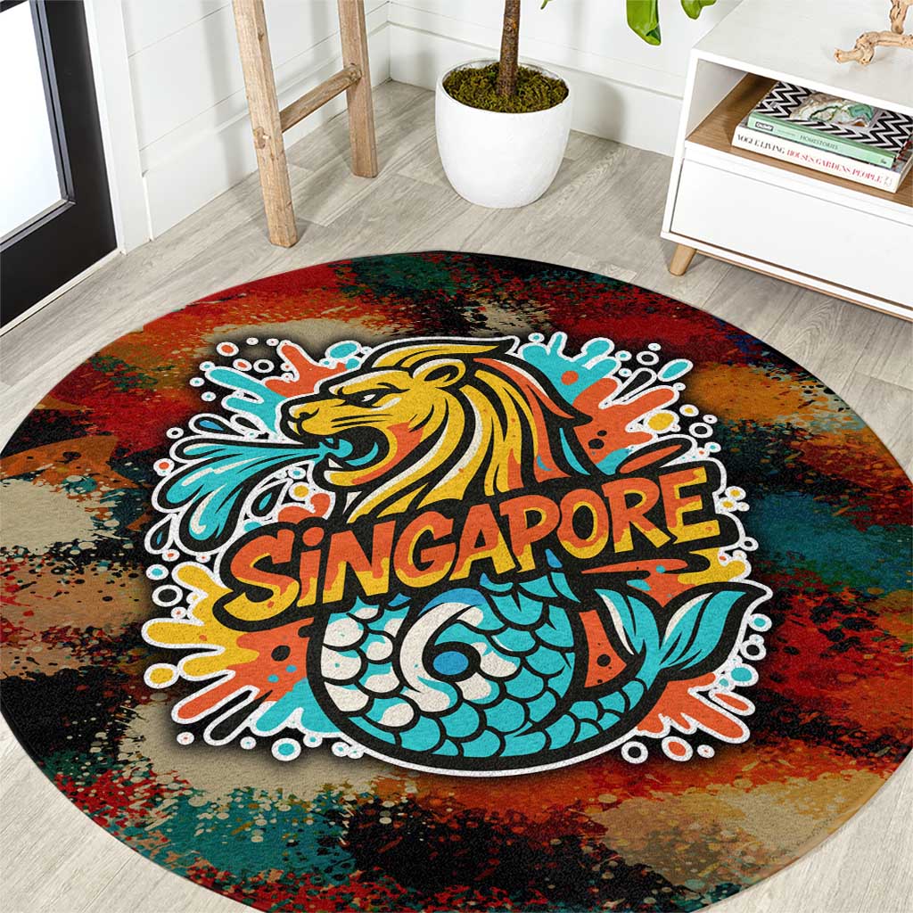 Singapore Merlion Round Carpet with Graffiti Art Style and National Flag