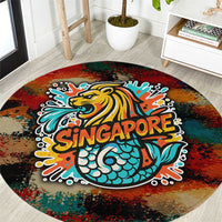 Singapore Merlion Round Carpet with Graffiti Art Style and National Flag