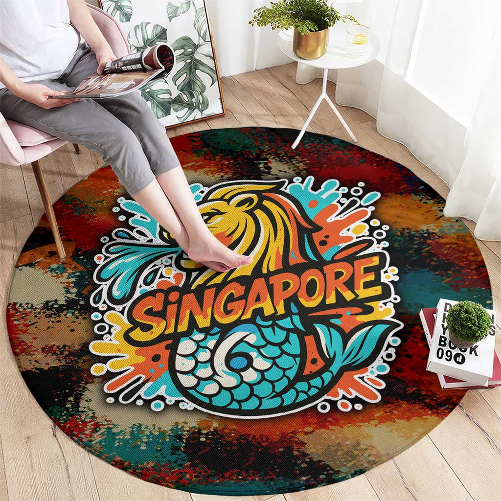 Singapore Merlion Round Carpet with Graffiti Art Style and National Flag