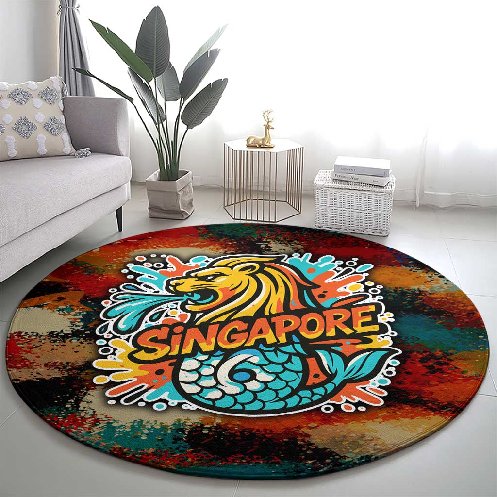Singapore Merlion Round Carpet with Graffiti Art Style and National Flag