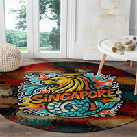 Singapore Merlion Round Carpet with Graffiti Art Style and National Flag