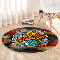 Singapore Merlion Round Carpet with Graffiti Art Style and National Flag