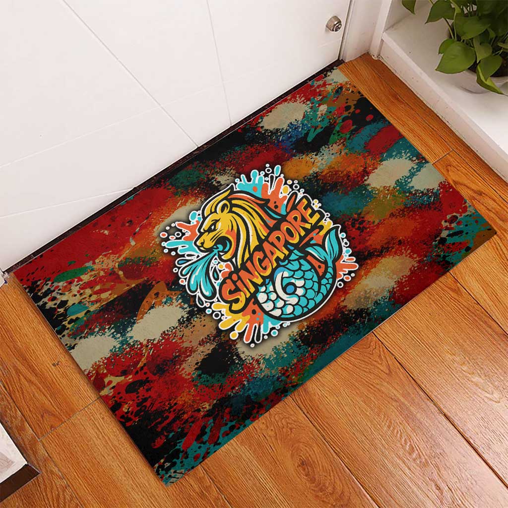 Singapore Merlion Rubber Doormat with Graffiti Art Style and National Flag