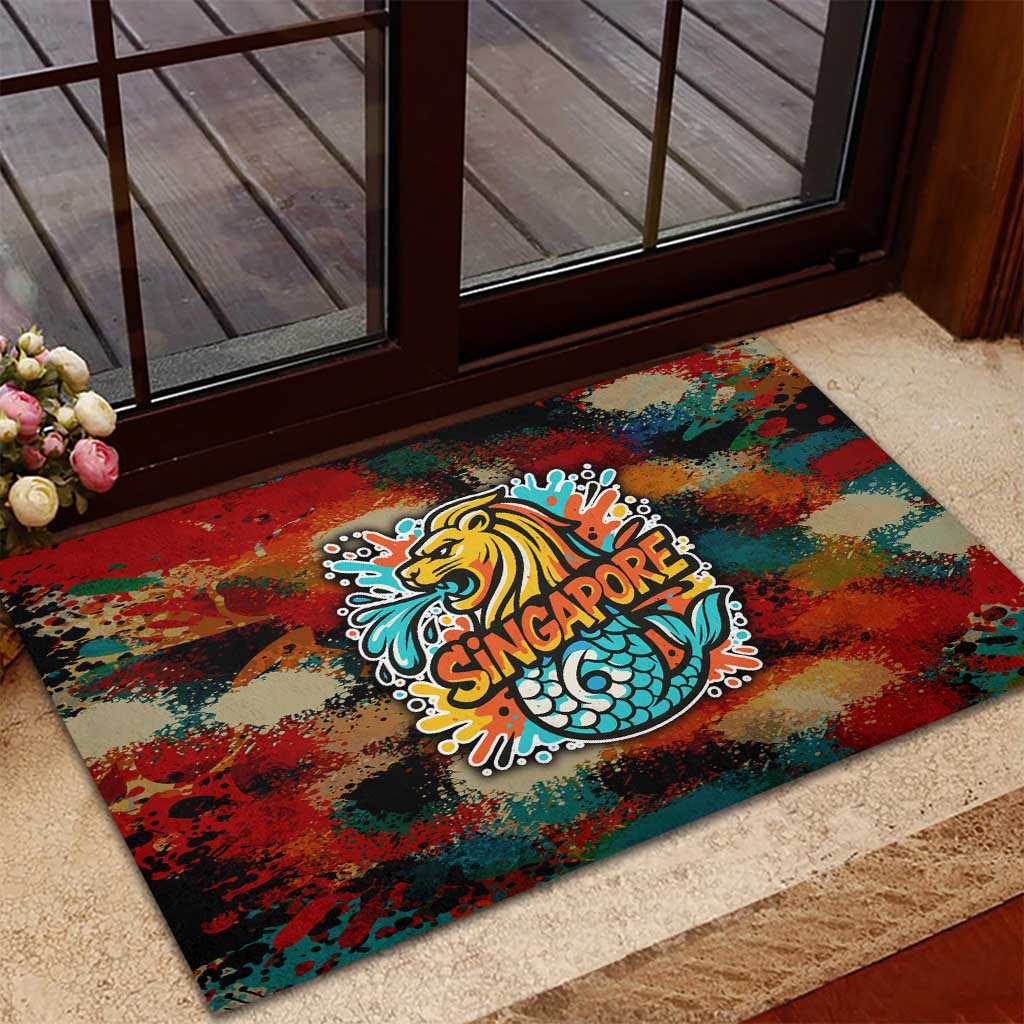 Singapore Merlion Rubber Doormat with Graffiti Art Style and National Flag