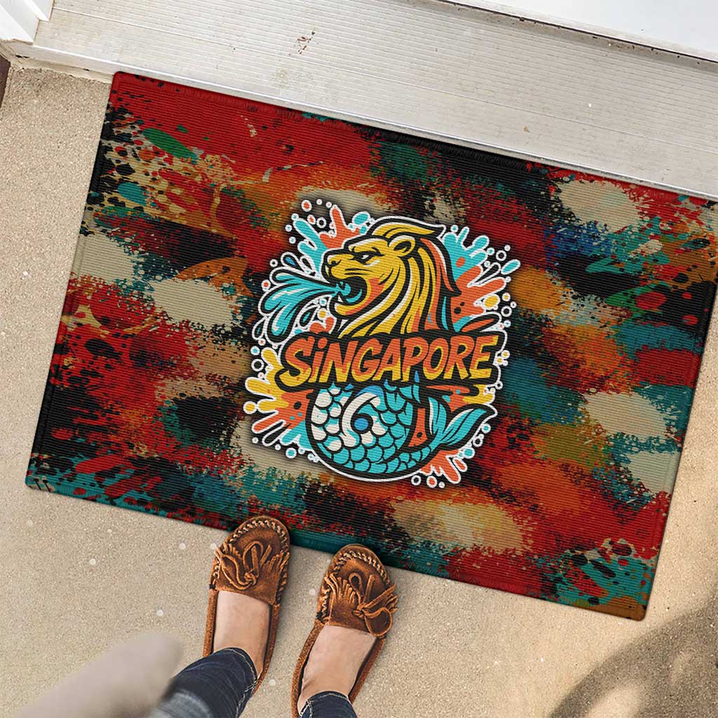 Singapore Merlion Rubber Doormat with Graffiti Art Style and National Flag