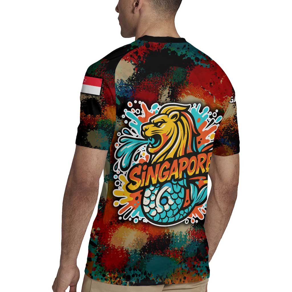 Singapore Merlion Rugby Jersey with Graffiti Art Style and National Flag