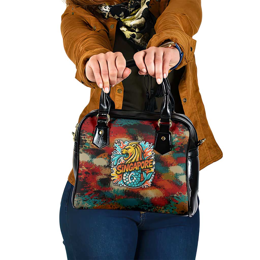 Singapore Merlion Shoulder Handbag with Graffiti Art Style and National Flag