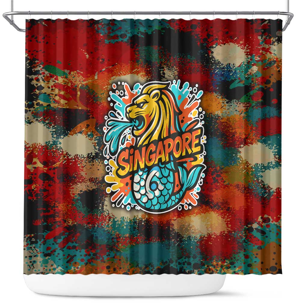 Singapore Merlion Shower Curtain with Graffiti Art Style and National Flag