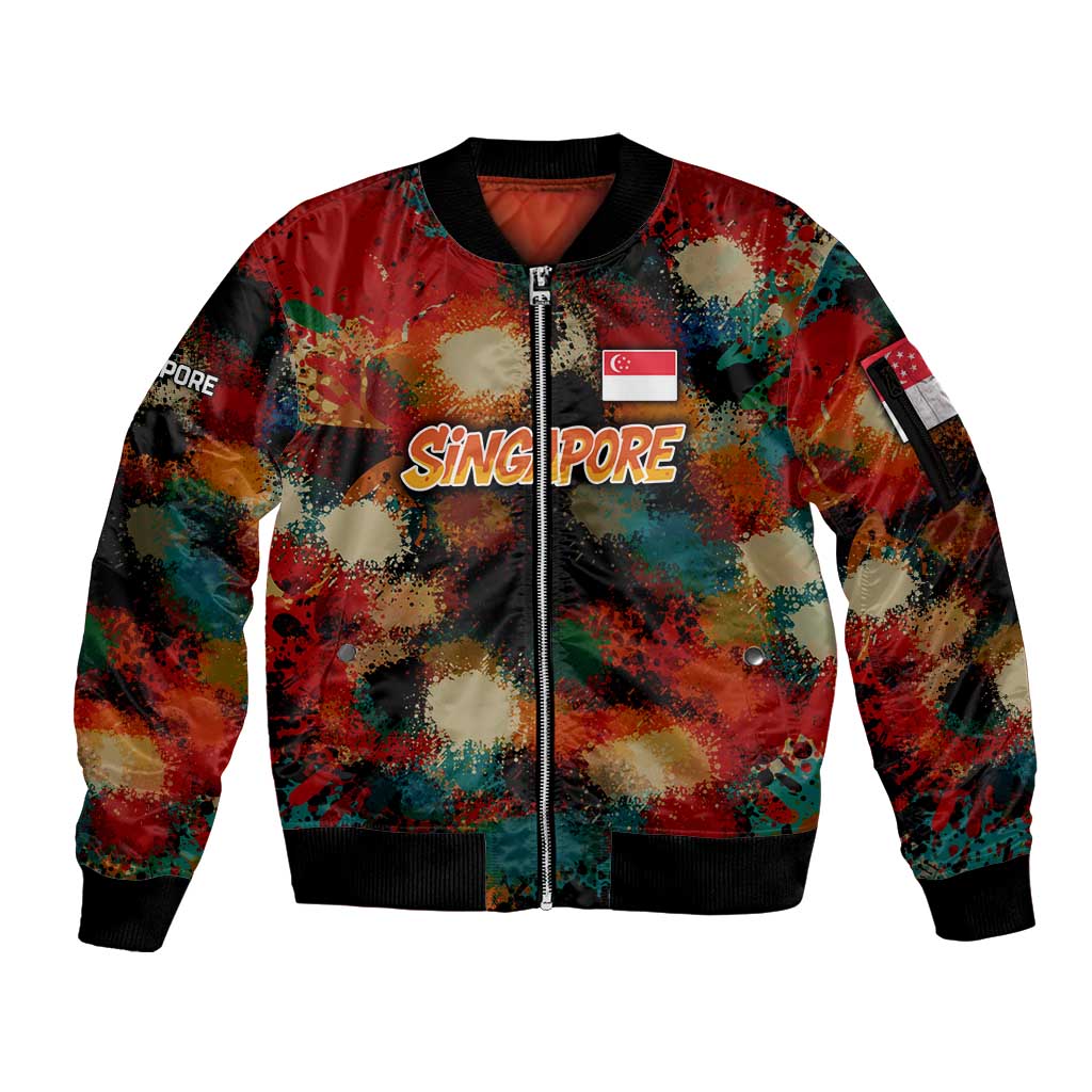 Singapore Merlion Sleeve Zip Bomber Jacket with Graffiti Art Style and National Flag
