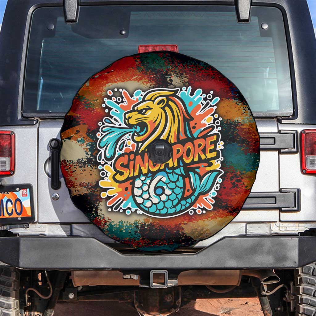 Singapore Merlion Spare Tire Cover with Graffiti Art Style and National Flag