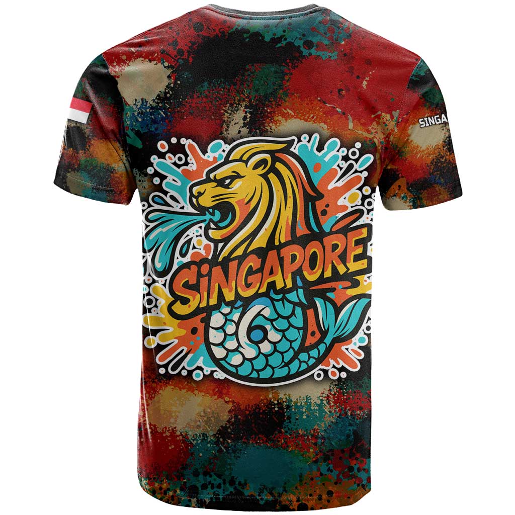 Singapore Merlion T Shirt with Graffiti Art Style and National Flag
