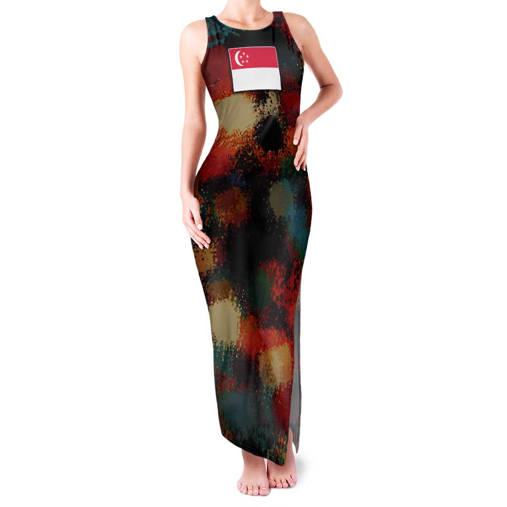 Singapore Merlion Tank Maxi Dress with Graffiti Art Style and National Flag
