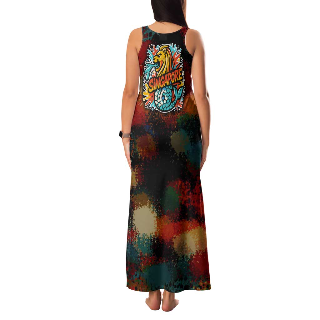 Singapore Merlion Tank Maxi Dress with Graffiti Art Style and National Flag