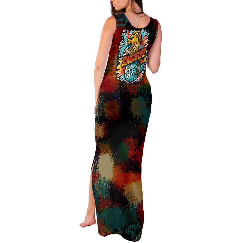Singapore Merlion Tank Maxi Dress with Graffiti Art Style and National Flag