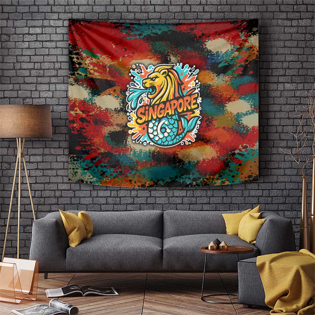 Singapore Merlion Tapestry with Graffiti Art Style and National Flag