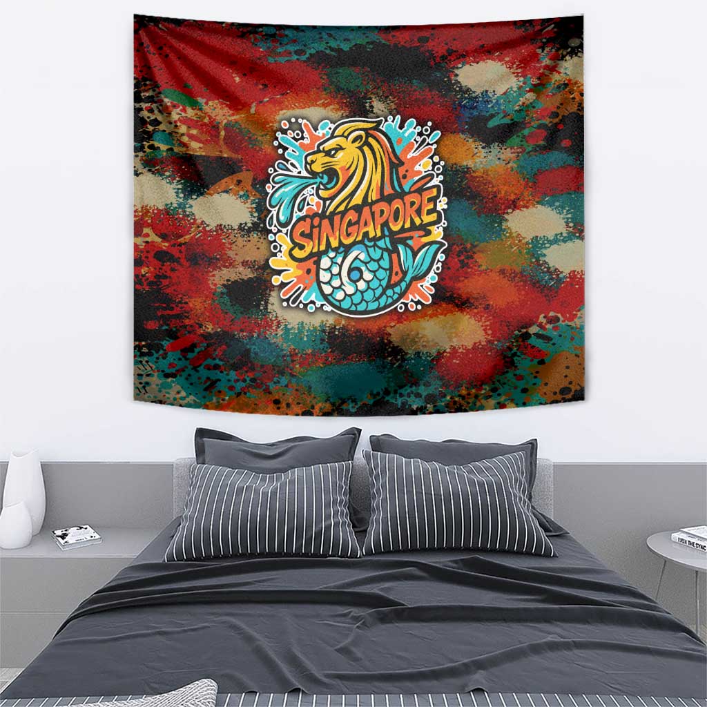 Singapore Merlion Tapestry with Graffiti Art Style and National Flag