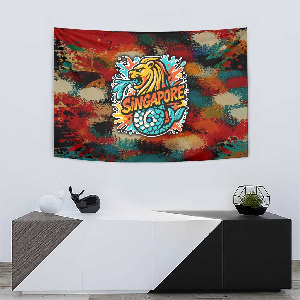 Singapore Merlion Tapestry with Graffiti Art Style and National Flag
