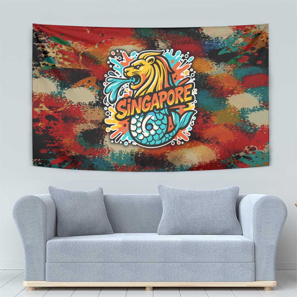Singapore Merlion Tapestry with Graffiti Art Style and National Flag