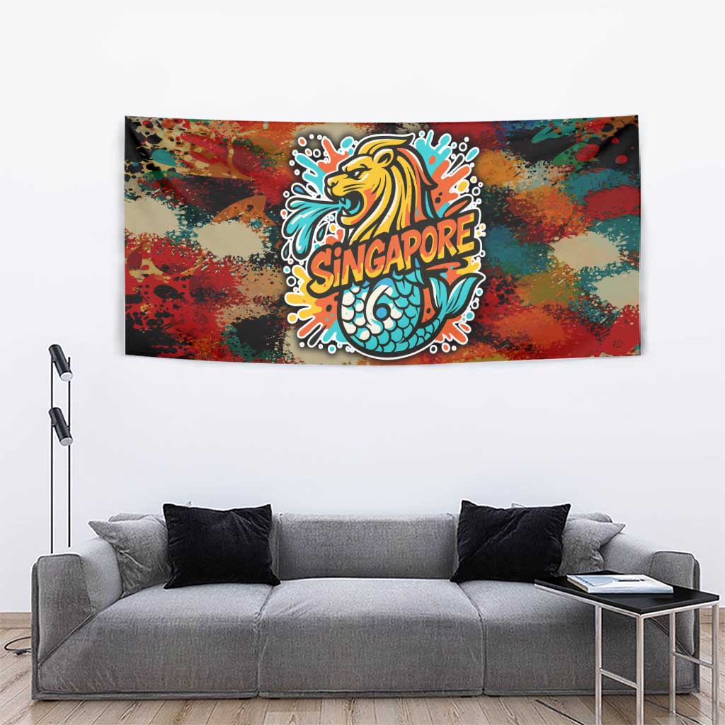 Singapore Merlion Tapestry with Graffiti Art Style and National Flag