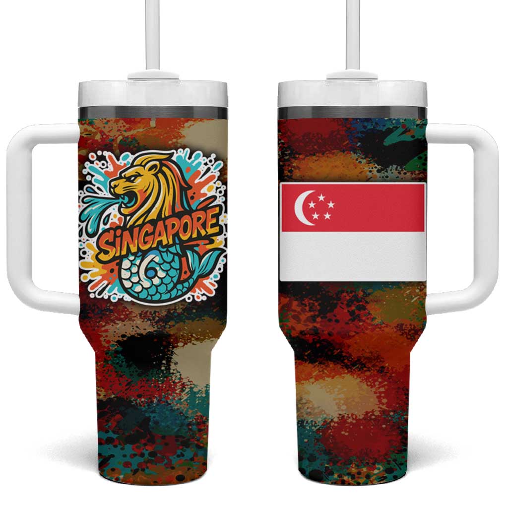 Singapore Merlion Tumbler With Handle with Graffiti Art Style and National Flag