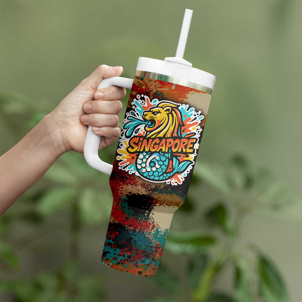 Singapore Merlion Tumbler With Handle with Graffiti Art Style and National Flag