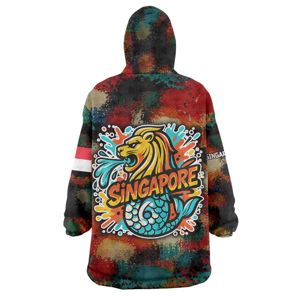 Singapore Merlion Wearable Blanket Hoodie with Graffiti Art Style and National Flag