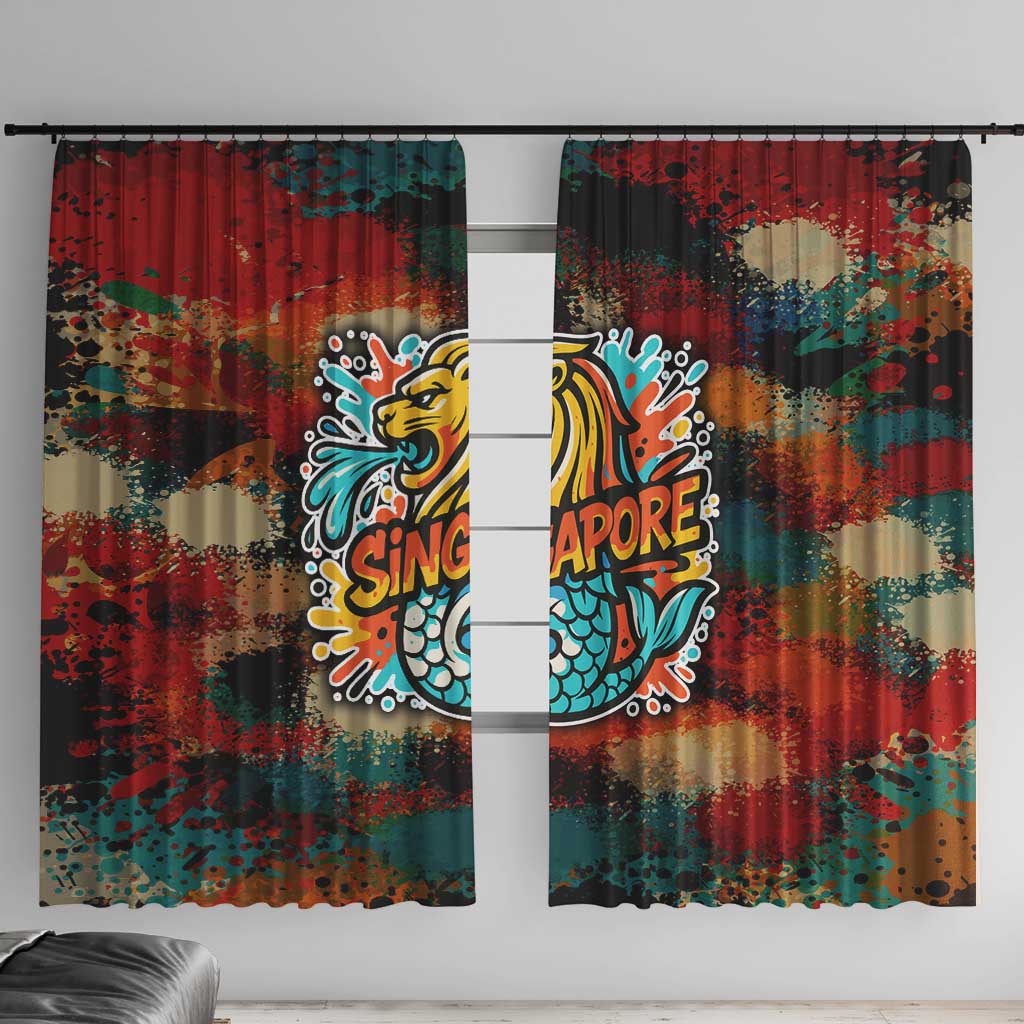 Singapore Merlion Window Curtain with Graffiti Art Style and National Flag