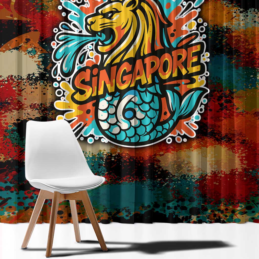 Singapore Merlion Window Curtain with Graffiti Art Style and National Flag