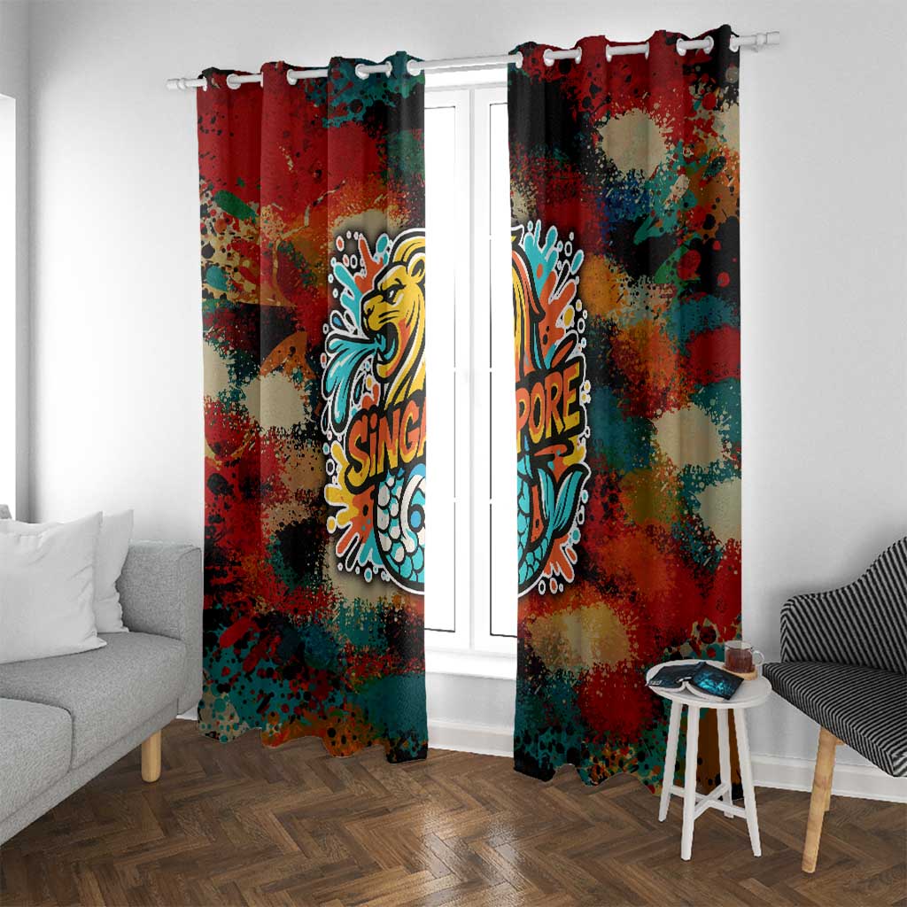 Singapore Merlion Window Curtain with Graffiti Art Style and National Flag