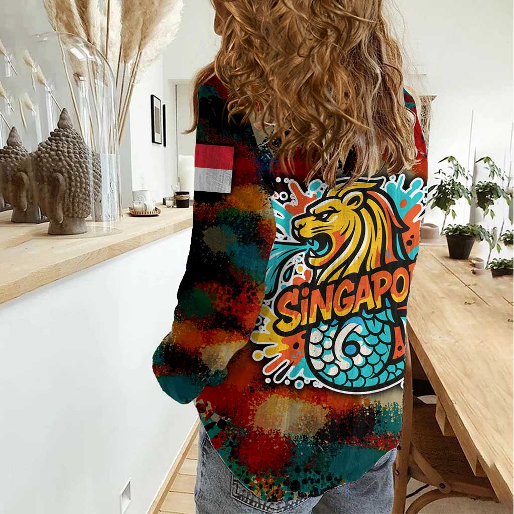 Singapore Merlion Women Casual Shirt with Graffiti Art Style and National Flag