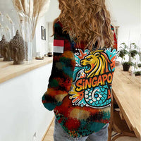 Singapore Merlion Women Casual Shirt with Graffiti Art Style and National Flag