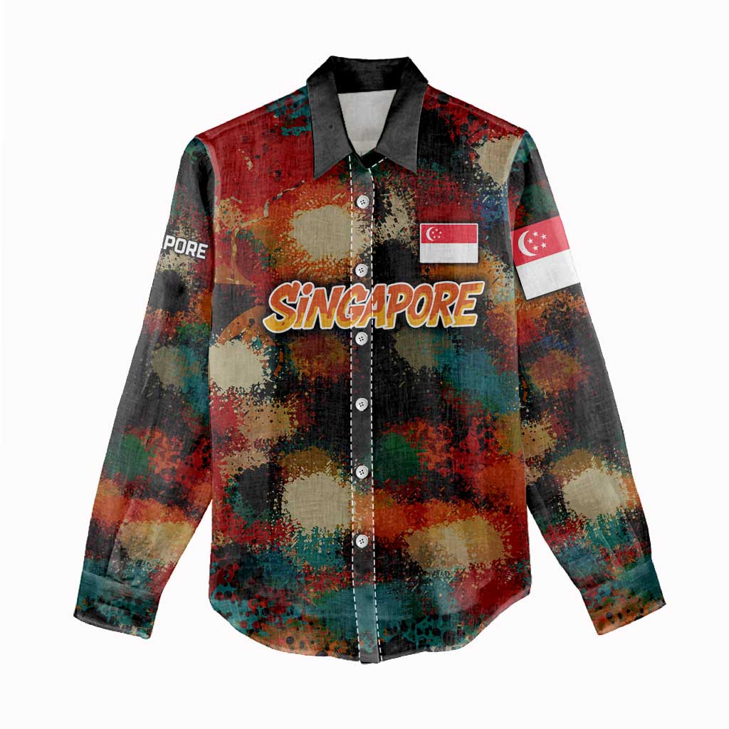 Singapore Merlion Women Casual Shirt with Graffiti Art Style and National Flag