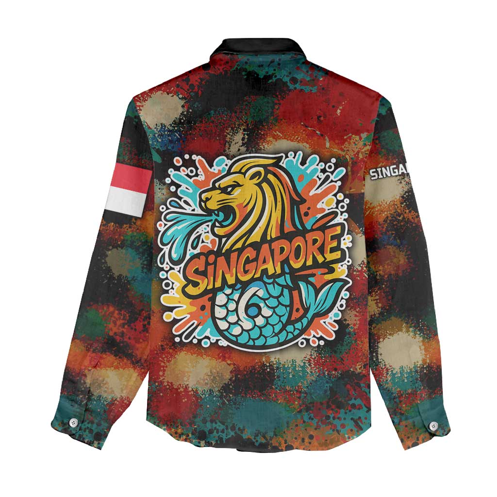 Singapore Merlion Women Casual Shirt with Graffiti Art Style and National Flag