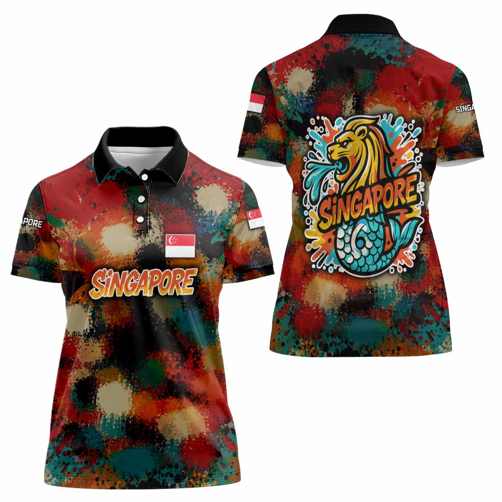 Singapore Merlion Women Polo Shirt with Graffiti Art Style and National Flag