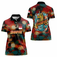 Singapore Merlion Women Polo Shirt with Graffiti Art Style and National Flag