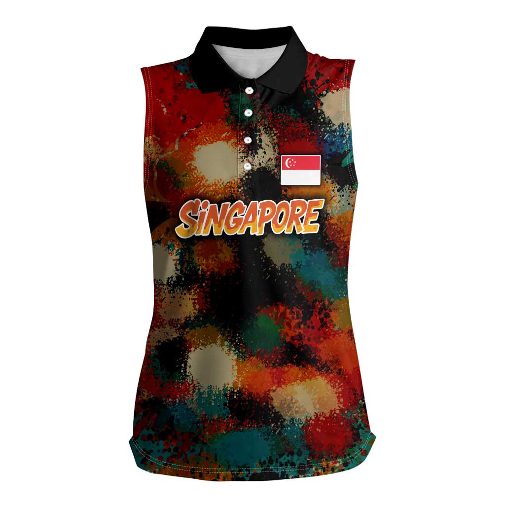 Singapore Merlion Women Sleeveless Polo Shirt with Graffiti Art Style and National Flag