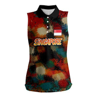 Singapore Merlion Women Sleeveless Polo Shirt with Graffiti Art Style and National Flag