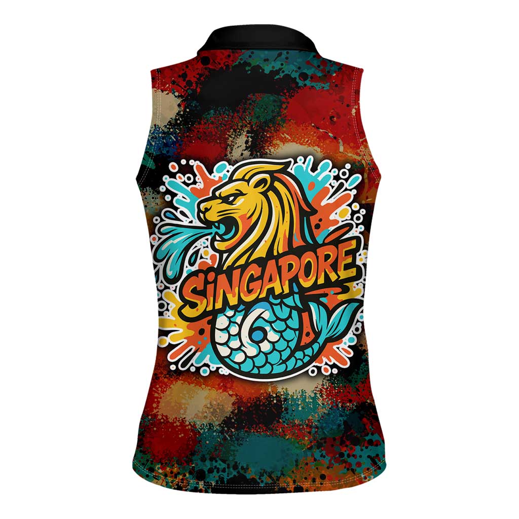 Singapore Merlion Women Sleeveless Polo Shirt with Graffiti Art Style and National Flag