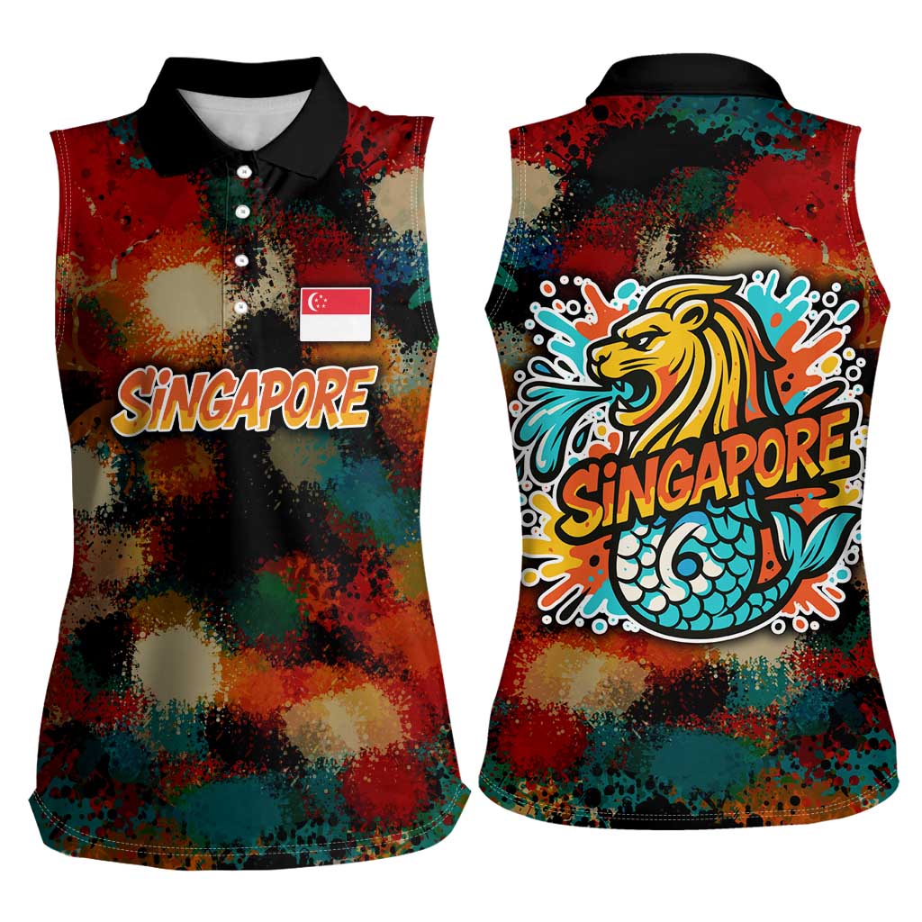 Singapore Merlion Women Sleeveless Polo Shirt with Graffiti Art Style and National Flag