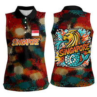 Singapore Merlion Women Sleeveless Polo Shirt with Graffiti Art Style and National Flag