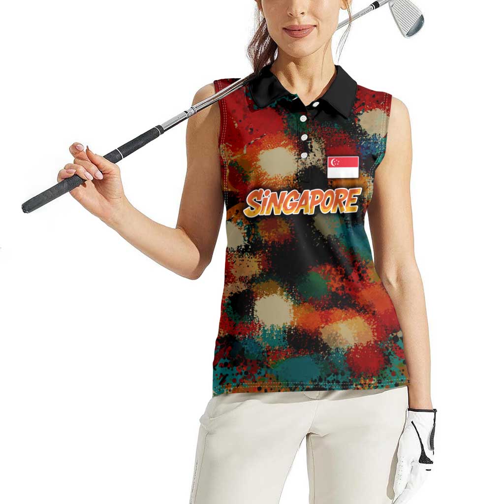 Singapore Merlion Women Sleeveless Polo Shirt with Graffiti Art Style and National Flag