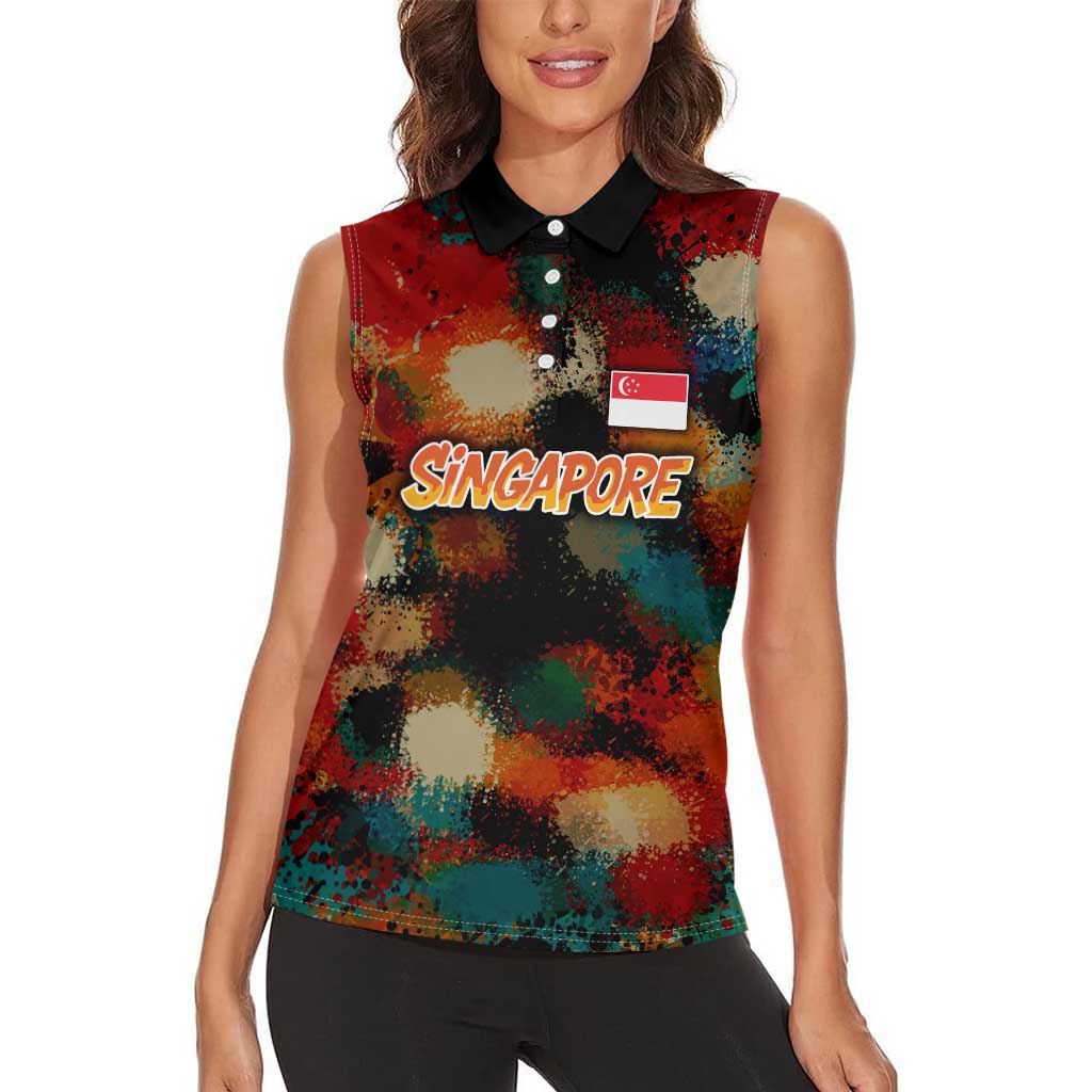 Singapore Merlion Women Sleeveless Polo Shirt with Graffiti Art Style and National Flag