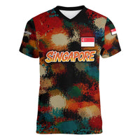 Singapore Merlion Women V-Neck T-Shirt with Graffiti Art Style and National Flag