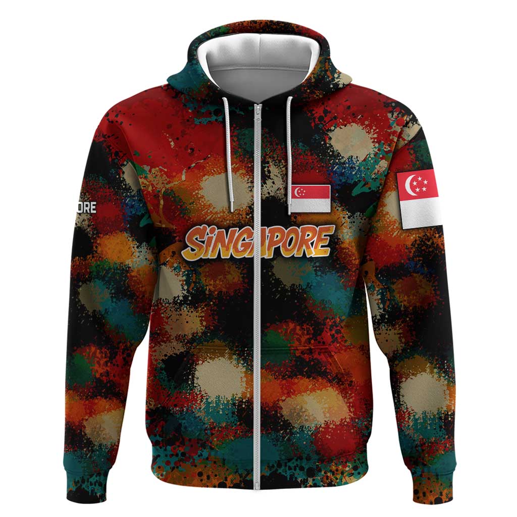 Singapore Merlion Zip Hoodie with Graffiti Art Style and National Flag