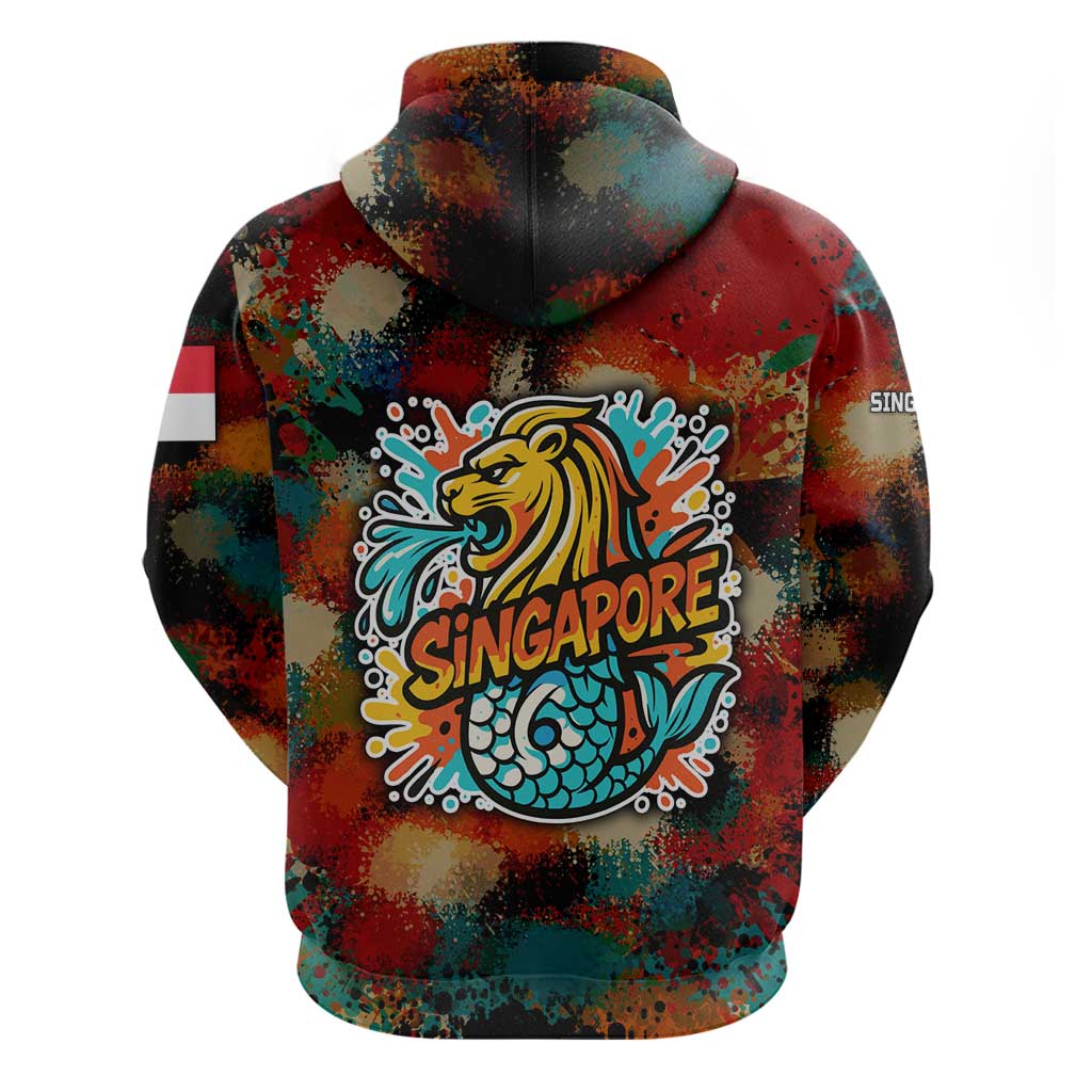 Singapore Merlion Zip Hoodie with Graffiti Art Style and National Flag