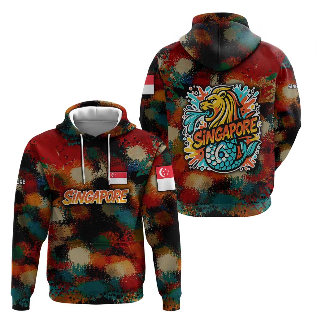 Singapore Merlion Zip Hoodie with Graffiti Art Style and National Flag