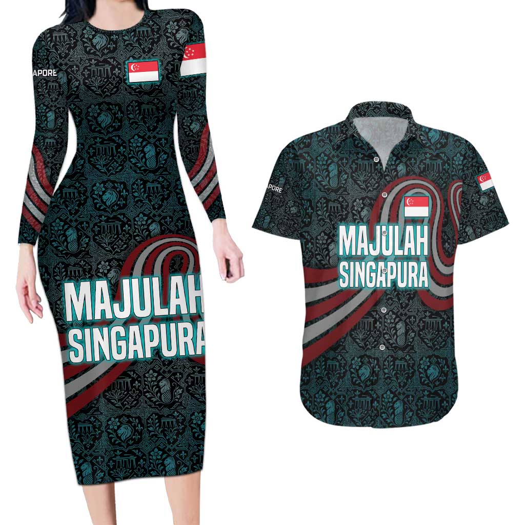 Singapore Couples Matching Long Sleeve Bodycon Dress and Hawaiian Shirt with National Icons and Majulah Singapura Script