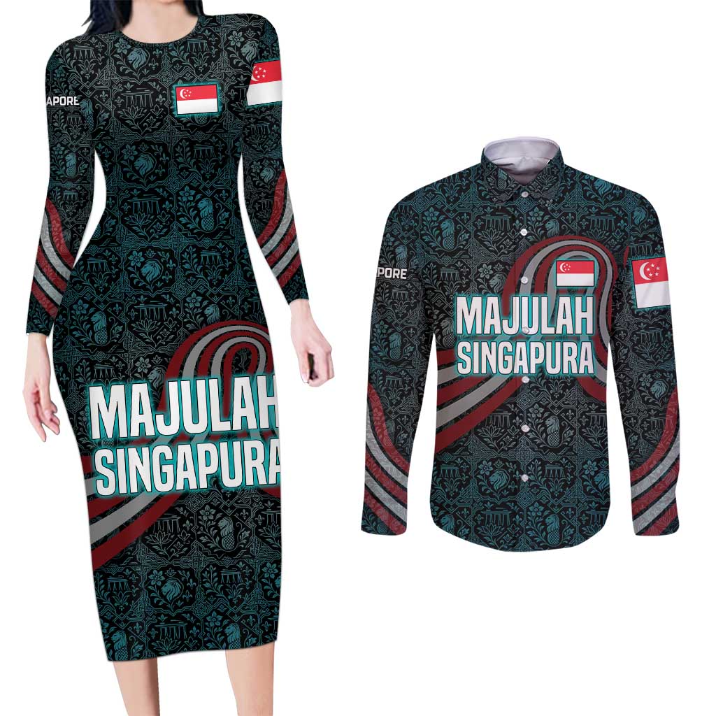 Singapore Couples Matching Long Sleeve Bodycon Dress and Long Sleeve Button Shirt with National Icons and Majulah Singapura Script