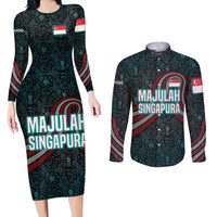 Singapore Couples Matching Long Sleeve Bodycon Dress and Long Sleeve Button Shirt with National Icons and Majulah Singapura Script