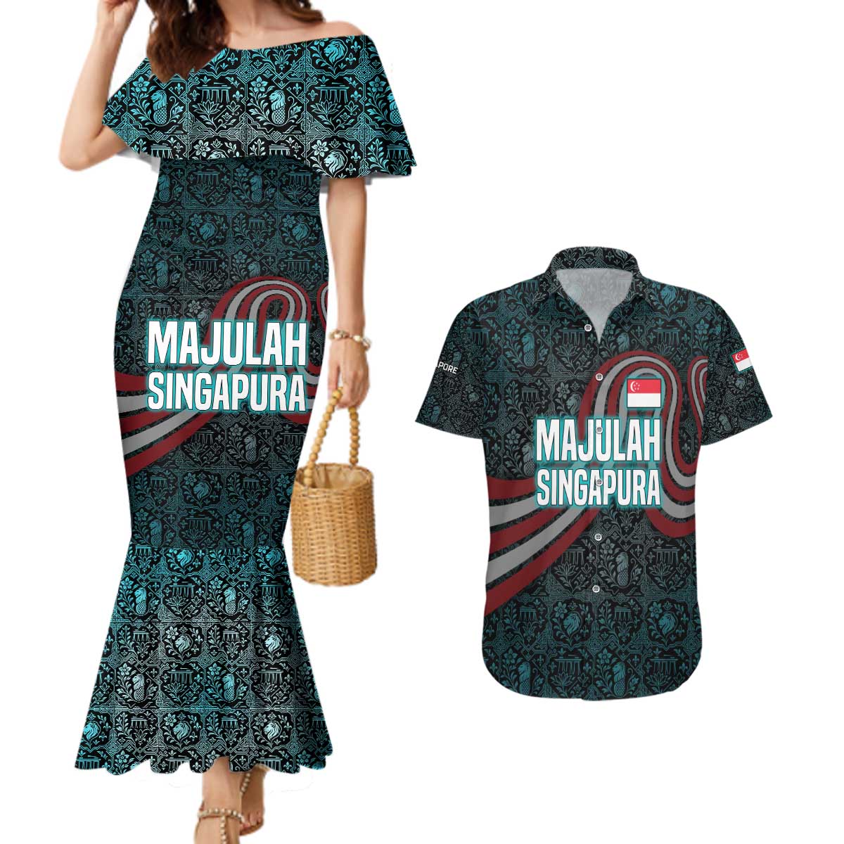 Singapore Couples Matching Mermaid Dress and Hawaiian Shirt with National Icons and Majulah Singapura Script